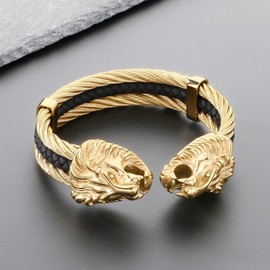 Klapgo Men's Gold Bracelet Viking Lion Head 316 Stainless Steel Leather Open Cuff Leather and Rope Chain Gothic Vintage Animal Totem Bangle