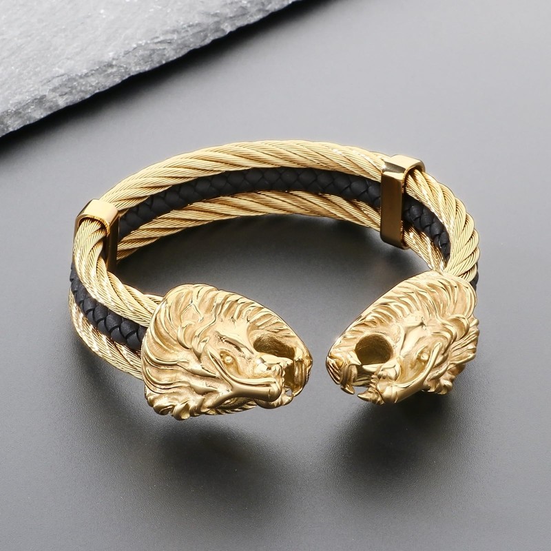 Klapgo Men's Gold Bracelet Viking Lion Head 316 Stainless Steel