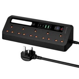 Desk Extension Lead with USB Slots, BOCHLION 2 USB C and 2 USB A Ports Power Socket With Night Light, 5 Way Plug Extension Socket Surge Protector, Desktop Power Strip 1.8M for Home Office-Black