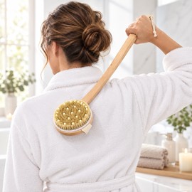 Wooden Natural Bristle Bath Brush with Detachable Long Handle and Hand Strap for Wet or Dry Body Brushing