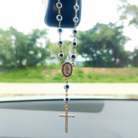 Evil Eye Rear View Mirror Accessories, Bling Cross Car Mirror Hanging Accessories Evil Blue Eye Car Decor, Hanging Ornament for Protection & Blessing