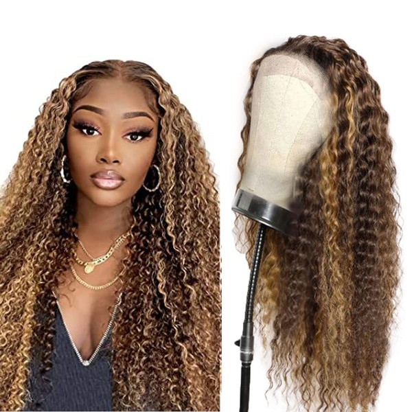 Human Hair Wig Brown Curly Wave Human Hair Wig P427 Highlight Wig With Baby Hair Pre Plucked Free Part Glueless Wig Brazilian Remy Hair Unprocessed Virgin Remy Hair For Women 26 Inches