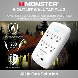 Monster Adaptador de enchufe de pared con protector contra sobretensiones, Protección resistente para puertos de CA y USB, Ideal para computadoras, electrodomésticos, blanco, 6 salidas y 2 puertos USB