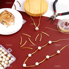 AUEAR, 100 Pack Plated Metal Long Curved Noodle Tube Spacer Beads 3x50mm for DIY Bracelet Necklace Jewelry Making (Gold)