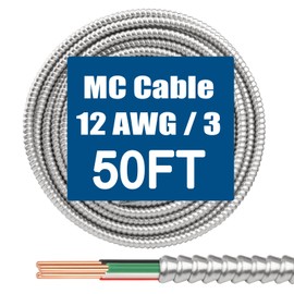 MOOKEERF 12/3 MC Cable with Ground - 50FT Pure Copper 12AWG/3 Metal Clad Wire with Aluminum Armor 12 Gauge 3 Conductor Type MC Alum Cable