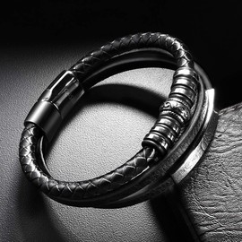 Touyony Leather Bracelet for Men Premium Leather Stainless Steel Triple Row Black Leather bangle Braided Bracelet Mens Bracelet gifts Wrist Accessories