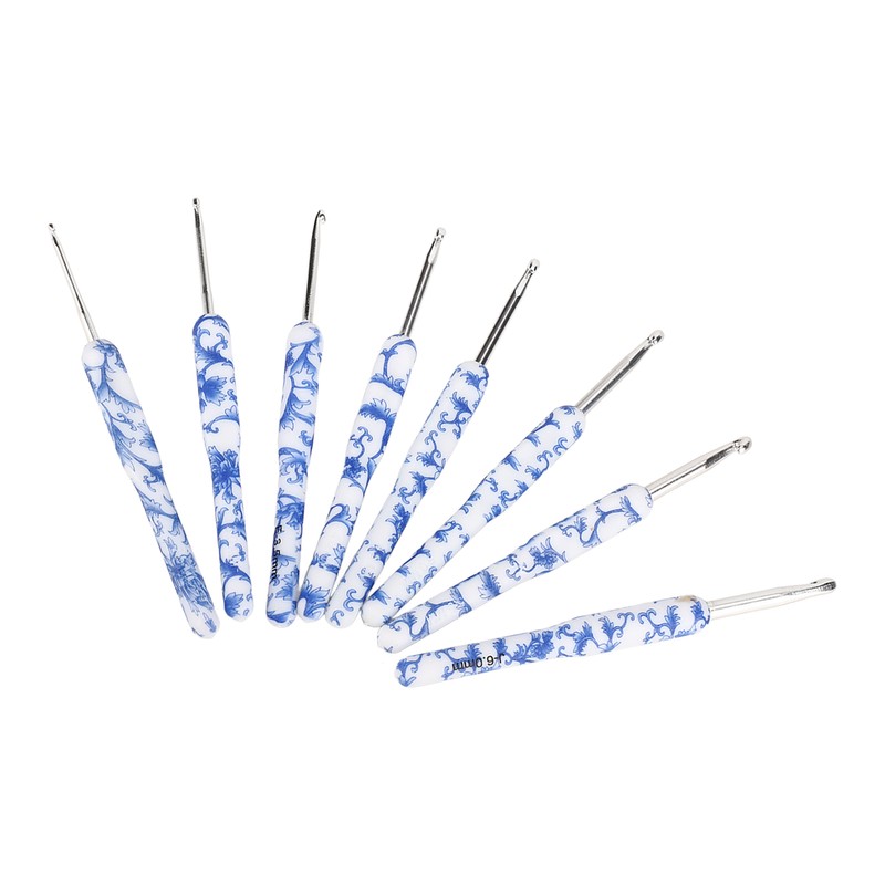 8pcs Crochet Hook Set Blue White Porcelain Printing Hand Polished