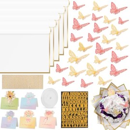 BESUPERT 52Pcs Flower Bouquet Wrapping Paper Kit, 20 Sheets White Waterproof Floral Wrapping Paper, 1 Letter 1 Rhinestone Sticker, 12 Gold 12 Pink Butterflies, 5 Cards, 1 White Ribbon (Gold Edge)