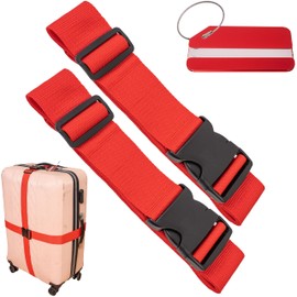 Luggage Strap Set with Luggage Tag, 2 Pieces, 200 cm Webbing with Buckle for Safety, in Red, with Name Tag, Luggage Straps with Address Tag for Travel and Flying, Luggage Straps, Suitcase