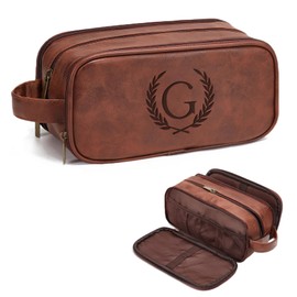 Janhavi Gifts for Husband, Waterproof PU Leather Engraved Initials & Wheat, Makeup Organizer Foldie Travel Bag Expandable, Men's Accessories Organizer, Travel Bag Toiletry(Medium, Red Brown, G)