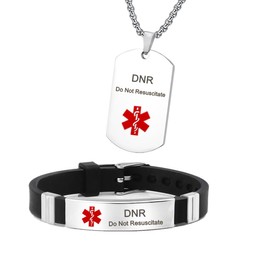 DNR Medical Alert Jewelry Sets Emergency ID Tag Bracelet Necklace Sets,Stainless Steel Pendant Necklace & Silicone Cuff Bracelet,DNR Medical Necklace for Men,Adult ,2 Pack (Silvery-DNR Do Not Resuscitate)