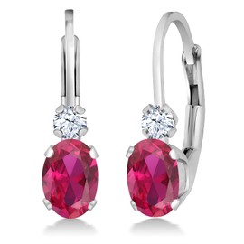 Gem Stone King 14K White Gold Red Created Ruby and White Created Sapphire Leverback Earrings For Women | 1.08 Cttw | Gemstone July Birthstone | Oval 6X4MM, Round 2MM | 3/4 Inch