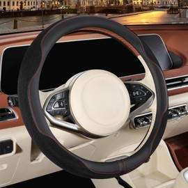 Binsheo 14 inch Steering Wheel Cover for Prius Civic, Nappa Microfiber Leather Non-Slip Breathable Fabric, Warm in Winter and Cool in Summer, Black(14-14.25inch)