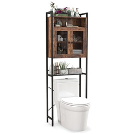 Tangkula Over The Toilet Storage Cabinet, 5-Tier Bathroom Space Saver w/2 Metal Mesh Doors & 3-Position Adjustable Shelf, Freestanding Storage Cabinet w/Heavy Duty Metal Frame (Rustic, Brown)