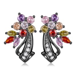 BISAER Rose Gold Plated Flower Stud Earrings Multicolor Cubic Zirconia Earrings for Women CZ Jewelry Gifts (Black Gold & Colorful CZ)