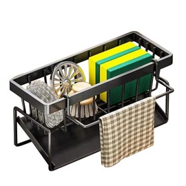 AUSZJWW Sponge Holder for Kitchen Sink with Auto Draining Tray sink caddy Rustproof Stainless Steel kitchen sink organizer Self Drain Dish Soap Sponge Caddy for Counter