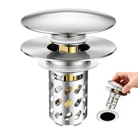 Pop Up Bathroom Sink Stopper, Universal Bathroom Sink Drain Strainer with Hair Catcher, for 1.1"-2.17" Drains, Brass Core & Stainless Steel Mesh