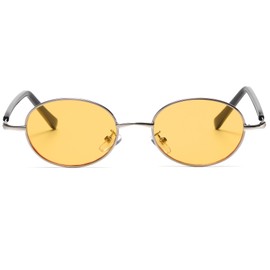 Long Keeper Retro Oval Sunglasses Small Metal Sunglasses for Men Women Cool Trendy Small Hippie Oval Sun Glasses UV400 Vintage Shades, 46MM (Silver Black Frame - Yellow Lens)