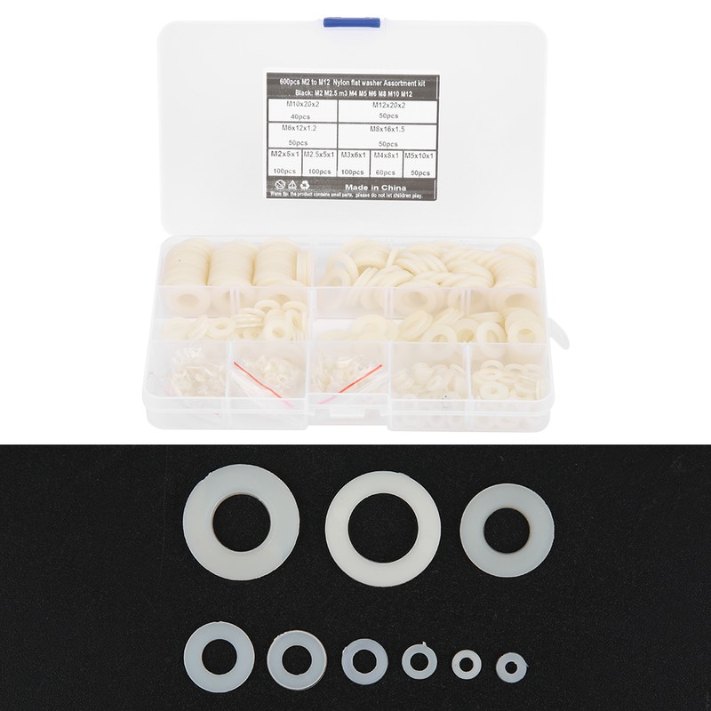 600Pcs Flat Washer 9 Sizes White Nylon Gasket Assortment Kit