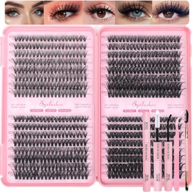 Lash Clusters Kit, 640 Pcs Eyelashes Clusters Extensions Kit 9-16mm Individual Lashes D Curl Flufffy Wispy False Eyelashes Thin Band, with Bond Seal Tweezers Brush DIY (30D-40D-50D-60D Kit)