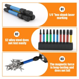 10 PCS 50mm Torx Screwdriver Bit Sets Star Magnetic Screwdriver Drill Bits S2 Steel Impact Drill Security Driver Bits T10 T15 T20*2 T25*2 T27 T30*2 T40-1/4 Hex Shank Professional for Torx Pozidrive