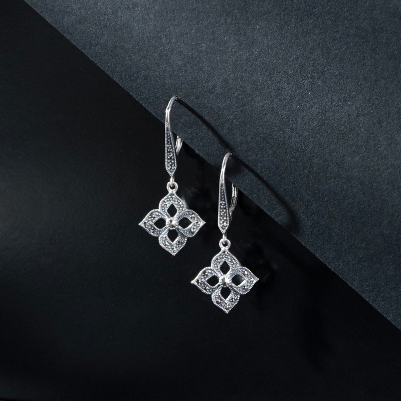 Esse Marcasite Sterling Silver Art Deco Flower Drop Leverback Earrings