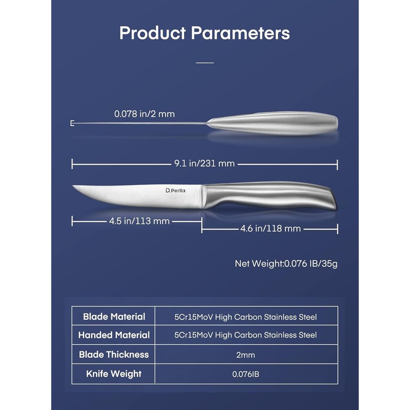 D.Perlla Steak Knives Non-serrated Sharp Straight Edge Steak Knife Set