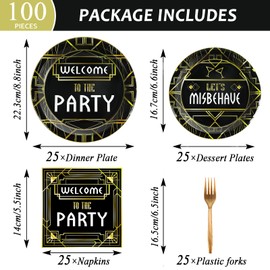 100 Pcs Roaring 1920s Party Decorations, Speakeasy Misbehave Black Gold Birthday Party Decors Art Décor Retro Murder Mystery Party Supplies for 1920s Vintage Flapper Wedding Supplies Serve 25