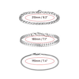 PiercingJak Men's Silver Bracelet Set, 3-Piece Chain Bracelet for Men, Curb Chain, Snake, Figaro Bracelet, Stainless Steel Charms Bracelets, Birthday Gift for Dad, Son, Brother, Friend, Stainless