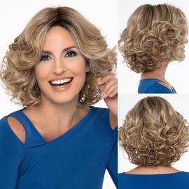 Jolelyne Ombre Blonde Highlight Wig for White Women Short Pixie Cut Wig Fluffy Light Brown Mix Honey Blonde Highlight Layered Natural Curly Wigs Synthetic Pixie Cut Curtain Bangs Bob Wig