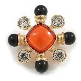 Vintage Style Crystal/Glass/Resin Beaded Cross Brooch in Gold Tone (Red/Black/Clear) - 50mm Tall