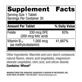 Bariatric Advantage B-12 Speedy Melts, Vitamin B12 1000 mcg Supplement, Fast Melting with 200 mcg of Folic Acid for Nutritional Support - Black Cherry, 30 Count