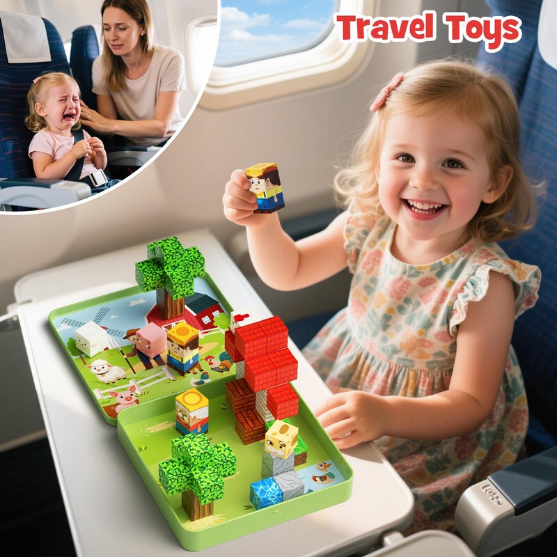 Magnetic Building Blocks, Farm Theme STEM Mini Magnet Travel Cubes