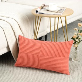 Fancy Homi 2 Packs Coral Long Lumbar Decorative Throw Pillow Covers 12x24 Inch for Couch Bed Sofa, Rustic Farmhouse Boho Home Decor, Soft Striped Corduroy Rectangle Accent Peach Cushion Case 30x60 cm