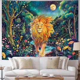 Obsecolors Blacklight Lion Tapestry UV Reactive Forest Wall Tapestry Trippy Galaxy Space Tapestries Colorful Flowers Plant Tapestries Wall Hanging for Bedroom