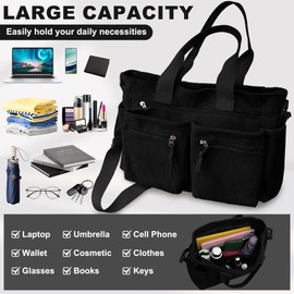 Keyck Handbag Women's Corduroy Shoulder Bag Women's Medium Tote Bag with Zip Crossbody Bag Women's Shopper Bag Handbag Shoulder Bags for Work Office Travel Shopping School, black