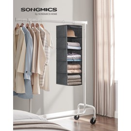 SONGMICS Hanging Wardrobe Storage Organiser, Shelves, Clothes Organiser, Space-Saving and Foldable, Metal Hooks and Bamboo Inserts, Linen Pattern, Grey RYCH06G