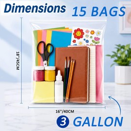 3 Gallon Zippered Plastic Storage Bags, 16" x 18" Clear Reusable Bags, 2-Mil Thick, For Clothes, Travel, Moving & Organizing, 15 Packs