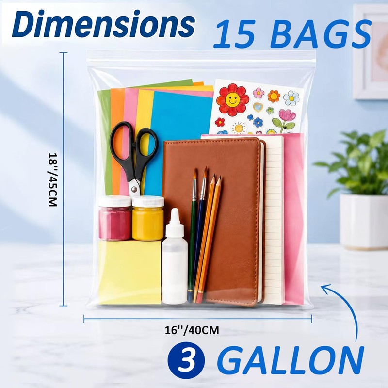 3 Gallon Zippered Plastic Storage Bags, 16" x 18" Clear