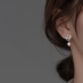SLUYNZ 925 Sterling Silver Butterfly Earrings Drop for Women Teens Pearl Dangle Earrings Butterfly Studs (A-Silver)