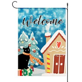 Welcome Winter Cute Cat Garden Flag Rustic Snow Farmhouse Christmas Yard Flag Small Double Sided Seasonal Holiday Garden Flag Outdoor Decor 12.5x18 Inch