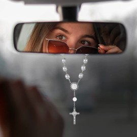 TIESOME 2 Pieces Car Rosary for Rearview Mirror, Rearview Mirror Auto Rosary Beads Car Medal and Cross Hanging Accessories for Mirror Interior Decors for Women Men (White)