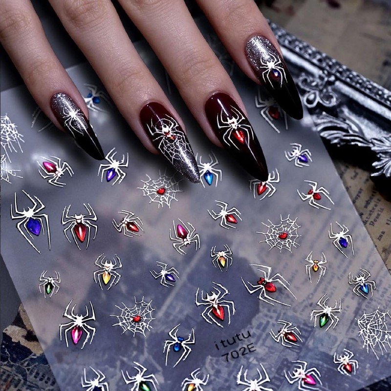 5D Embossed Silver Spider Nail Stickers