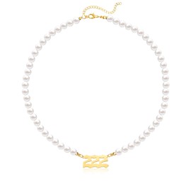 Angel Number Necklace for Women，Pearl Choker Necklace Gold Planted Lucky Number Necklace 111 222 333 444 555 666 777 888 999 Necklace (222)