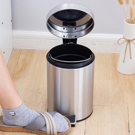 Radha Kishan LLC 5 Liter / 1.3 Gallon Stainless Steel Round Bathroom Trash Can with Soft Close Lid and Foot Pedal for Bathroom, Kitchen & Small Space (9" L x 9" W x 11" H)