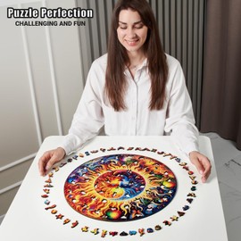 LEOGOR Wooden Jigsaw Puzzle for Adults - Galactic Enigma - (500 Piece, XL Size, 17.8 x 17.8 in) - Round Colorful Wood Mosaic with Nature Inspired Animal Shaped Whimsies