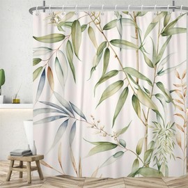 Uiiooazy Shower Curtain Bamboo Shower Curtain Green Leaves Plant Motif Shower Curtains Anti Mould Waterproof Polyester Fabric Washable Opaque Bathroom Curtain with 12 Hooks for Bathroom 180 W x 220 H