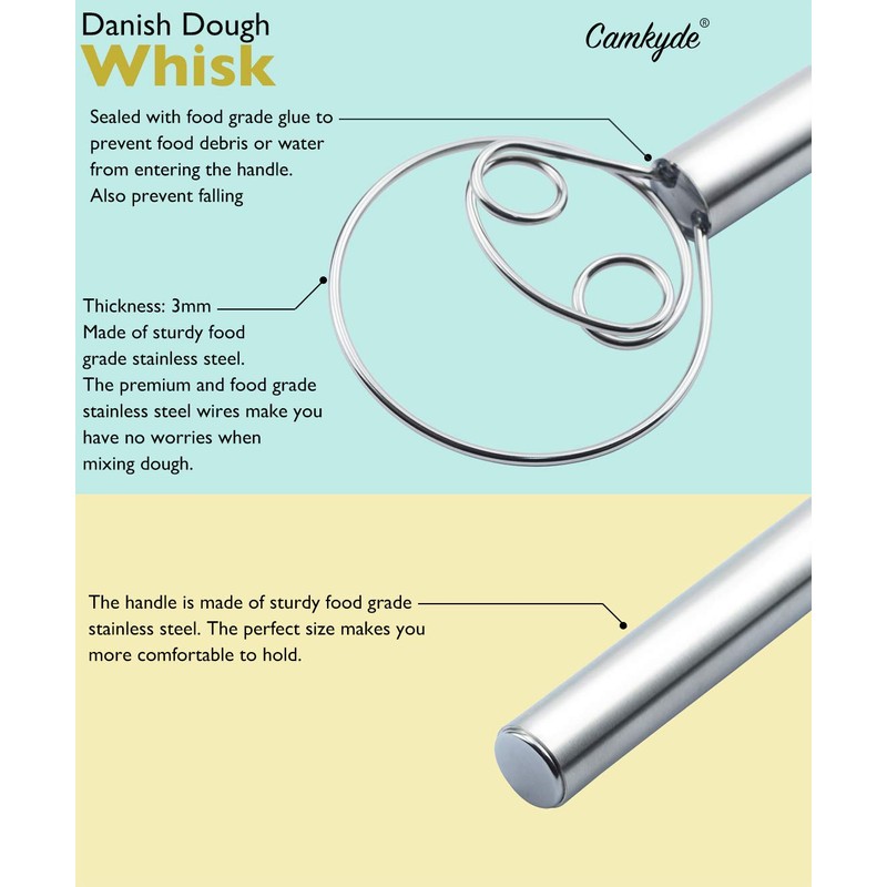 CAMKYDE Danish Dough Whisk 12-Inch Double Eyes Stainless Steel Dutch