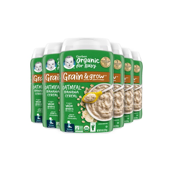 Gerber Baby Cereal Organic 2nd Foods, Grain & Grow, Oatmeal Banana, 8 Ounce (Pack of 6)