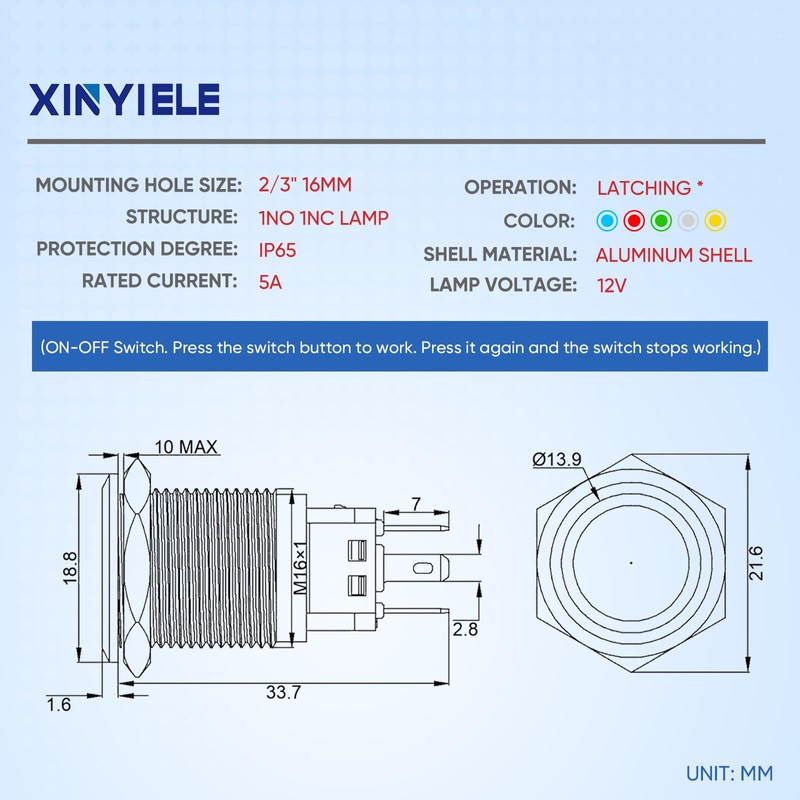 XINYIELE 16MM Latching 12V Push Button Switch On Off,Waterproof with